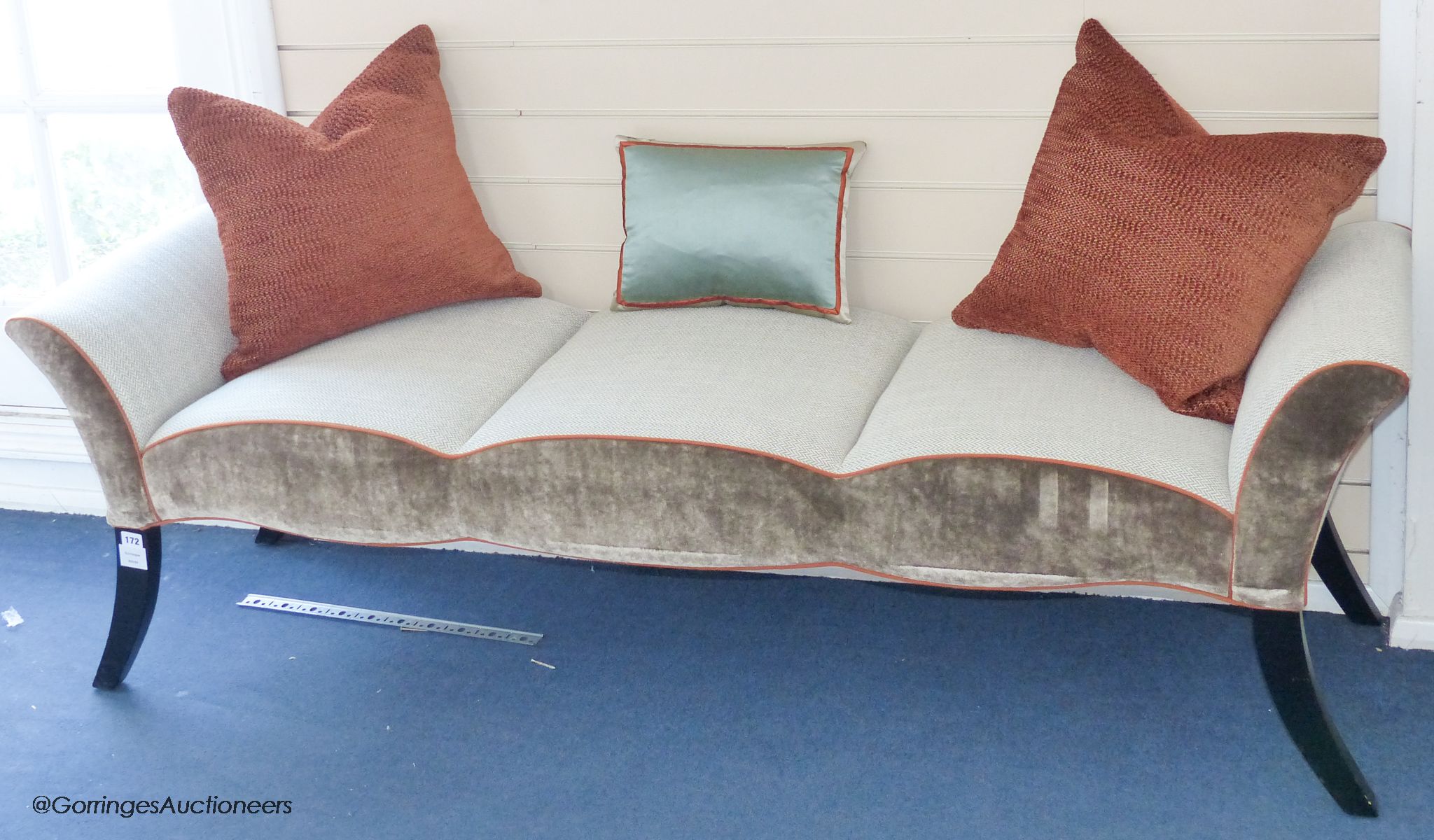A herringbone and velvet upholstered window seat, 174cm long